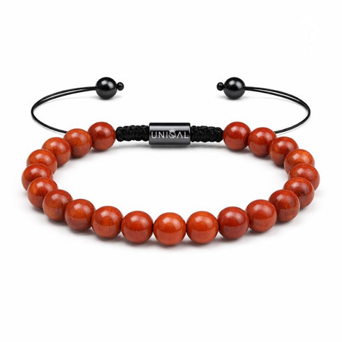 Einreihiges Natursteinarmband aus ziegelrotem Jaspis mit gravierbarem Metallelement