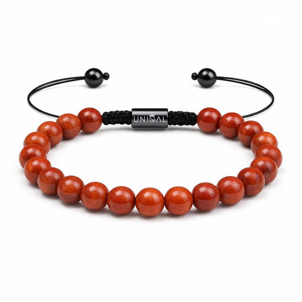 Einreihiges Natursteinarmband aus ziegelrotem Jaspis mit gravierbarem Metallelement