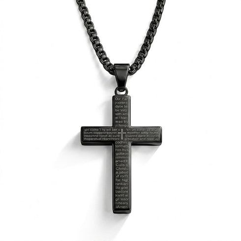 UNIQAL schwarzer Kreuzanhänger mit Gebet und robuster Edelstahlkette als Symbol für Glauben, Hoffnung und Stärke