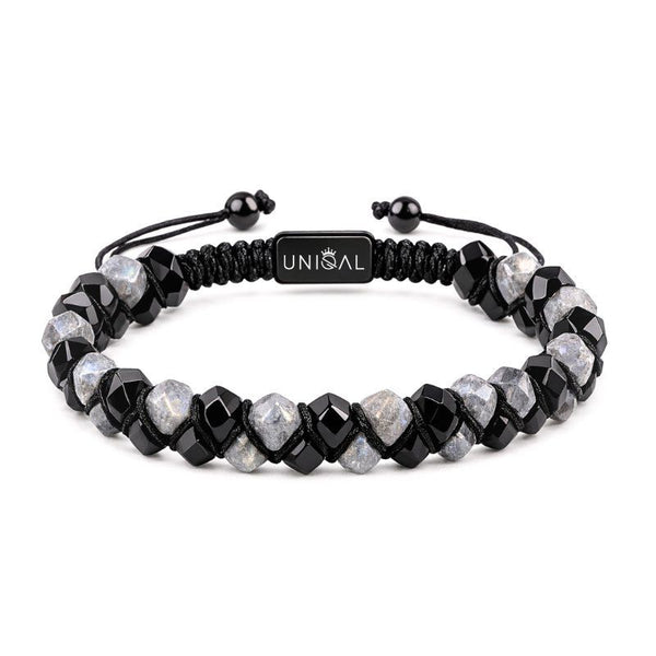 Edelsteinarmband aus Labradorit und schwarzem Achat mit facettierten Perlen und verstellbarem Makramee-Verschluss im zweireihigen Unisex Design