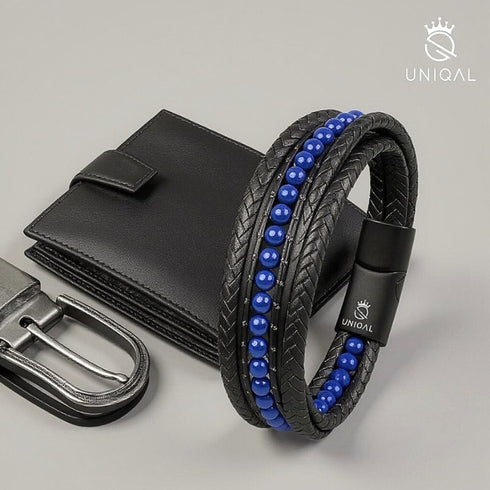 Dunkelblaues Uniqal Herrenarmband aus Leder und Lapis Lazuli – perfekte Balance zwischen Luxus, Design und Stärke.
