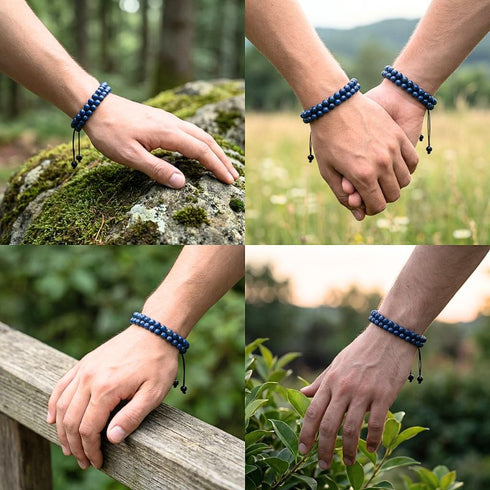 Zweireihiges Lapis Lazuli Armband als Partnerlook getragen, tiefblaue Edelsteinperlen verleihen dem Handgelenk eine elegante und natürliche Ausstrahlung