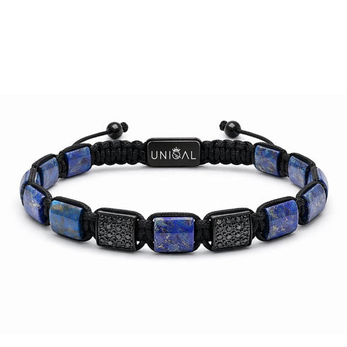 Edelsteinarmband aus Lapis Lazuli Platten und schwarzen Zirkonia Elementen unisex mit verstellbarem gravierbarem Makrameeverschluss