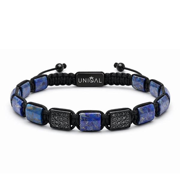 Edelsteinarmband aus Lapis Lazuli Platten und schwarzen Zirkonia Elementen unisex mit verstellbarem gravierbarem Makrameeverschluss