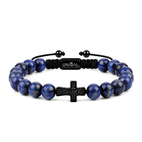 UNIQAL Armband aus Lapislazuli mit schwarzem Kreuz aus Edelstahl, Zirkonia und personalisierbarer Verschlussplatte