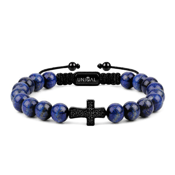 UNIQAL Armband aus Lapislazuli mit schwarzem Kreuz aus Edelstahl, Zirkonia und personalisierbarer Verschlussplatte