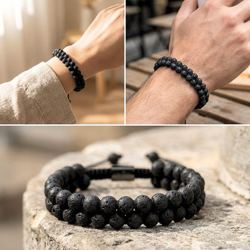 Zweireihiges Lavasteinarmband von Uniqal in ruhiger Umgebung – Naturmaterial, Fokus, innere Sammlung, zeitloser Look