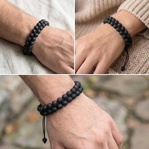 Uniqal Lavasteinarmband zweireihig getragen – Unisex Schmuck für Alltag, verstellbarer Makramee-Verschluss, ruhige Ausstrahlung