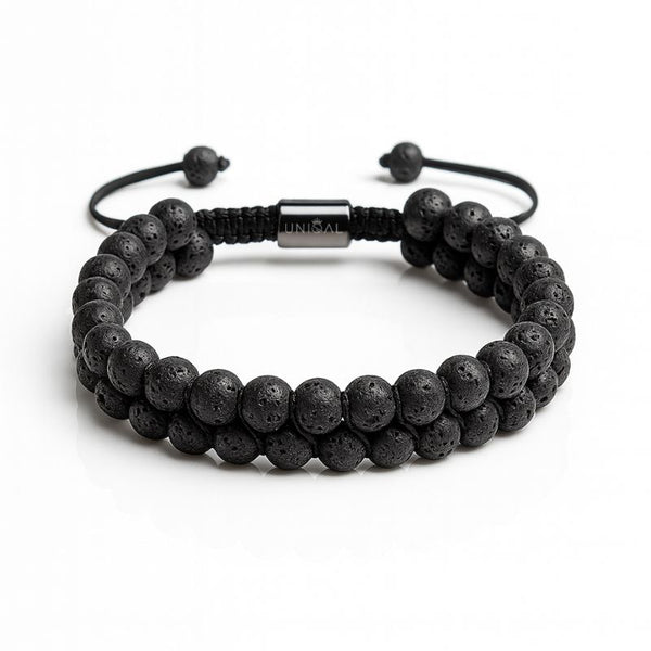 Uniqal zweireihiges Lavasteinarmband 6 mm – schwarzer Naturstein, verstellbarer Makramee-Verschluss, gravierbares Element