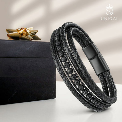 Unisex Schmuckstück Uniqal Lava Deluxe – kraftvolles Design aus Lavastein und Leder mit luxuriöser Aura.