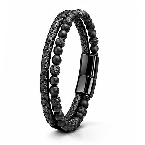 Uniqal LAVA PASSION Armband aus echtem Leder mit Lavasteinen, schwarzes geflochtenes Design, moderner Magnetverschluss, personalisierbar durch Gravur für stilbewusste Trägerit personalisierbarer Gravur