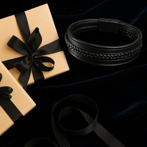 Uniqal schwarzes Lederarmband mit roter Schleife – edel verpackt als stilvolles Präsent