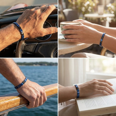 UNIQAL LEONIS KERAMIK BLAU Armband getragen in verschiedenen Alltagssituationen