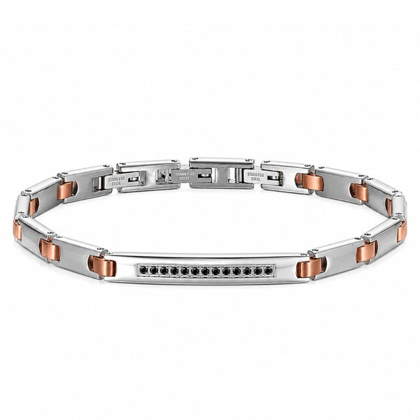 UNIQAL LINEA Armband aus 316L Edelstahl in Silber und Roségold mit schwarzer Zirkonia-Reihe auf weißem Hintergrund