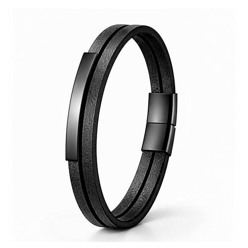 LITTLE PLATE Lederarmband in Schwarz mit schlanker Edelstahlplatte und klarer Linienfuehrung