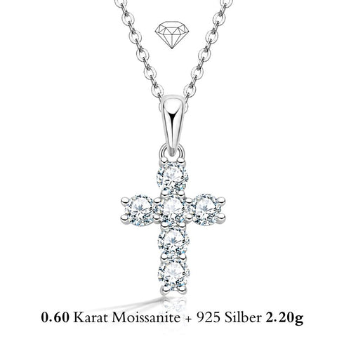 UNIQAL LUMICROSS KETTE mit 0,60 Karat Moissanit, funkelnder Kreuz Anhänger aus 925 Sterling Silber und klarer spiritueller Ausstrahlung.