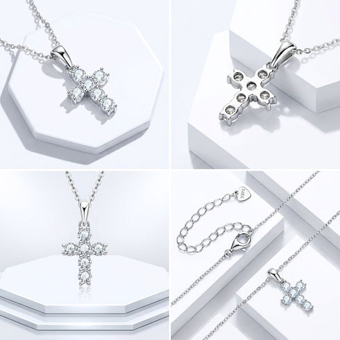 UNIQAL LUMICROSS KETTE Detailübersicht mit gravierbarem Herzverschluss, filigraner Kette, Moissanit Steinen und hochwertiger Verarbeitung.