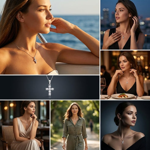 UNIQAL LUMICROSS KETTE im warmen Abendlicht, glänzender Anhänger mit emotionaler Symbolik und femininer Eleganz.