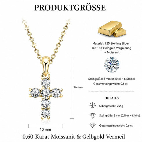 UNIQAL LUMICROSS Produktübersicht mit 18K Vergoldung, GRA Zertifikat, VVS1 Moissanit und Kreuz Anhänger Details