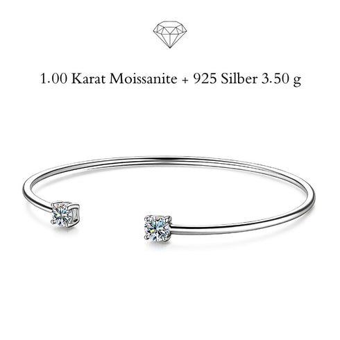 LUMINA Damen Armreif aus 925 Sterling Silber mit 1,00 Karat Moissanit, offenes Bangle Design mit zwei Solitärsteinen und moderner EleganzMoissanit, offenes Bangle Design mit zwei strahlenden Solitärsteinen