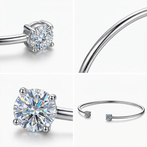 Detailaufnahme des LUMINA Moissanit Armreifs mit brillant geschliffenen Solitärsteinen und elegantem offenen Silber Bangle Design