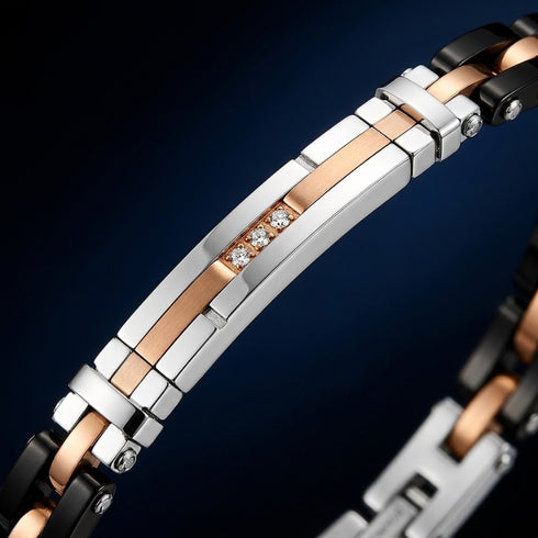 Uniqal LUSSO Designschmuck mit polierten Edelstahlelementen, schwarzen Keramikeinsätzen und eleganter Linienführung