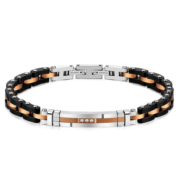 Uniqal LUSSO Armband in Frontansicht mit schwarzen Keramikelementen, roségoldfarbenen Akzenten und funkelnden Zirkonia-Details
