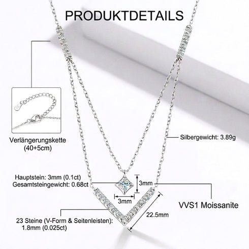 Produktdetails der Uniqal LUXE V Moissanit Halskette aus 925 Sterling Silber mit VVS1 Steinen