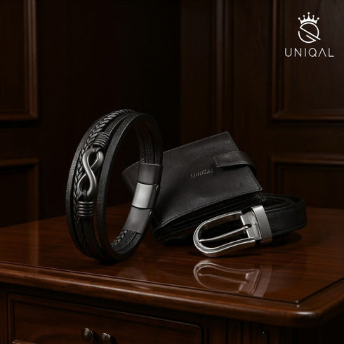 Edles Herrenarmband aus schwarzem Echtleder mit Unendlichkeitssymbol – kombiniert mit Gürtel und Geldbörse für anspruchsvolle Männer.
