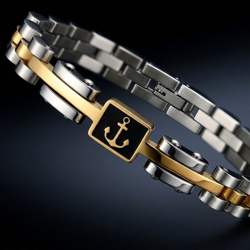UNIQAL MARINO 316L Edelstahl Armband mit Hämatit und goldenem Anker – Detailansicht des maritimen Armbands in Silber, Gold und Anthrazit