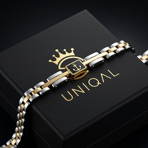 UNIQAL MARINO Anker Armband aus Edelstahl und Hämatit auf UNIQAL Schmuckbox – hochwertiges Unisex Armband in Silber, Gold und Anthrazit