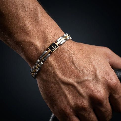 UNIQAL MARINO Edelstahl Armband am Handgelenk – maritimes Herren und Unisex Armband mit Hämatit, goldenem Anker und silbernen Gliedern