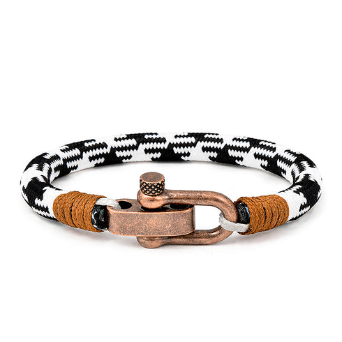 Maritimes UNIQAL Armband aus robustem synthetischem Segeltau in Schwarz Weiß mit gebürstetem Vintage Marine Schäkel