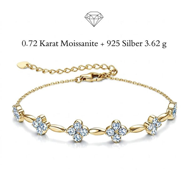 Exklusives Uniqal Moissanit Armband mit floralem Design aus 925 Silber vergoldet mit funkelnden Blütenelementen in eleganter Produktübersicht.