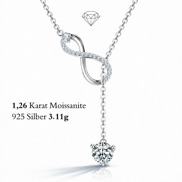 Infinity Collier mit Moissanit Solitär in 925 Sterling Silber – eleganter Damenanhänger mit 1,26 Karat Edelstein