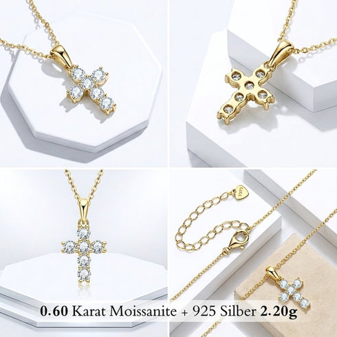 Vergoldeter Moissanit Kreuzanhänger mit Rund-Brillant Schliff 0,6 Karat und 2,2gr