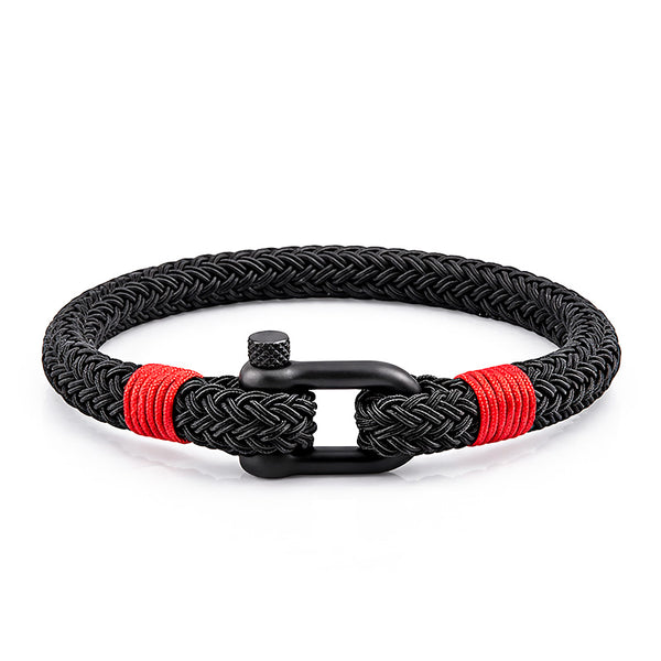 UNIQAL MOJO maritimes Armband aus geflochtenem Textilseil mit schwarzem Schäkel und rotem Akzent