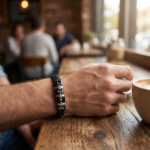 Schwarzes Lederarmband im Alltag getragen im Café mit stilvollem Look und individuell gravierbaren Details