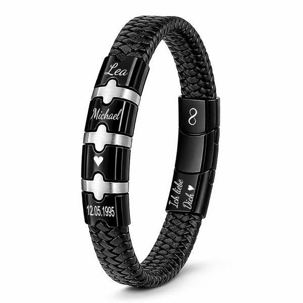 Schwarzes Lederarmband mit Edelstahl und 7 Gravurflächen für personalisierte Botschaften mit geflochtenem Design und sicherem Verschluss