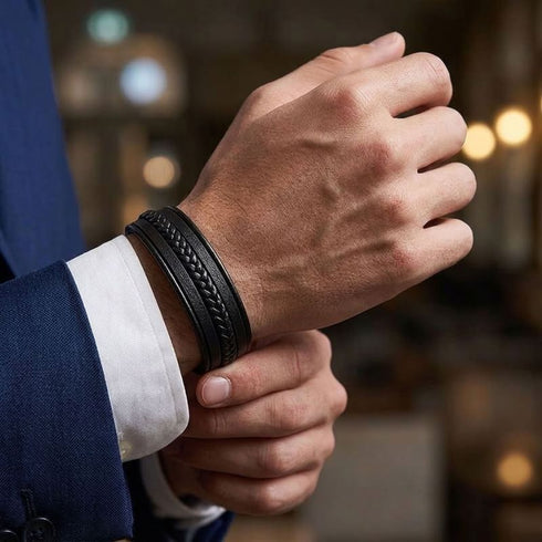 Uniqal MULTY LAYER Herrenarmband am Handgelenk – schwarzes mehrreihiges Lederarmband mit geflochtenem Detail für einen eleganten Business-Look.