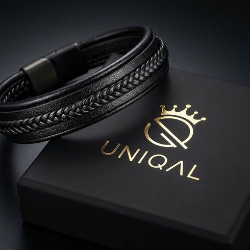 Uniqal MULTY LAYER Herrenarmband – schwarzes mehrreihiges Lederarmband mit geflochtenem Mittelteil und modernem Design.