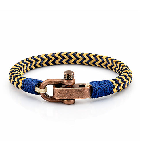 DARIYAH UNIQAL Armband aus geflochtenem Segeltau in Gelb Blau mit Vintage Marine Verschluss und Gravur Symbol