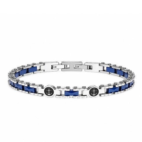Uniqal NAUTIS Keramik Blau Armband mit maritimen Ankerdetails, blauer Keramik und silberfarbenem Edelstahl in eleganter Frontansicht