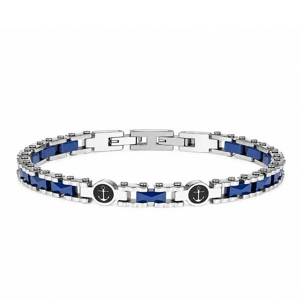 Uniqal NAUTIS Keramik Blau Armband mit maritimen Ankerdetails, blauer Keramik und silberfarbenem Edelstahl in eleganter Frontansicht