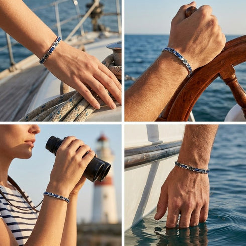 Uniqal NAUTIS Edelstahlarmband mit blauer Keramik beim Segeln auf offenem Wasser, Symbol für Orientierung und Entdeckergeist