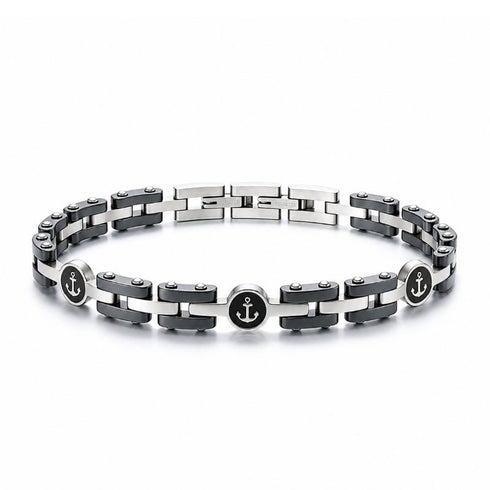 UNIQAL NAVARO Edelstahl Armband mit Hämatit und Ankersymbolen in Silber und Anthrazit auf weißem Hintergrund