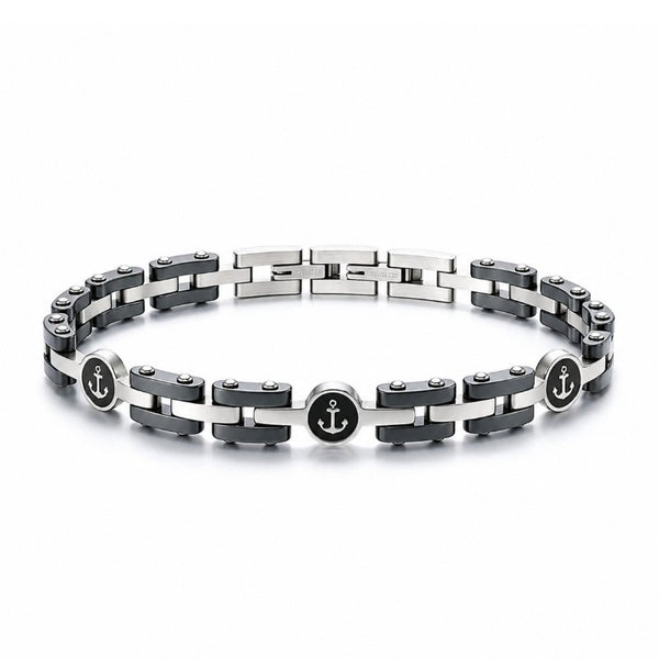 UNIQAL NAVARO Edelstahl Armband mit Hämatit und Ankersymbolen in Silber und Anthrazit auf weißem Hintergrund