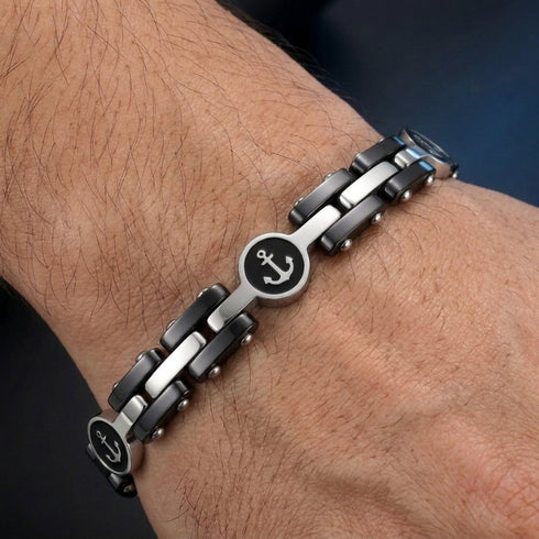 UNIQAL NAVARO Herren Armband am Handgelenk – Edelstahl und Hämatit Armband mit anthrazitfarbenen Ankersymbolen