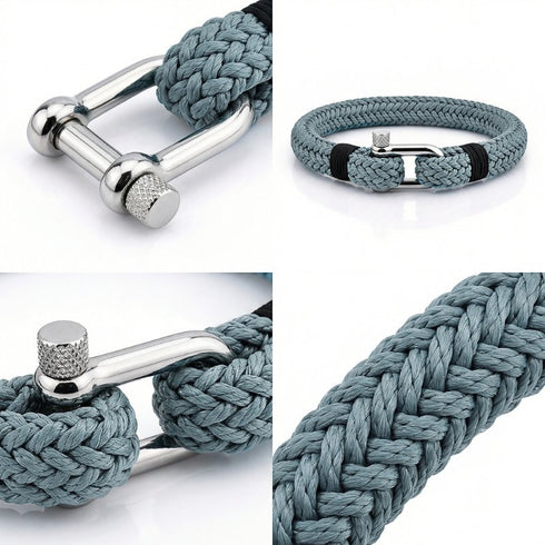 NERISSA maritimes Seilarmband Detail mit poliertem Edelstahl Schäkelverschluss und geflochtenem Segeltau