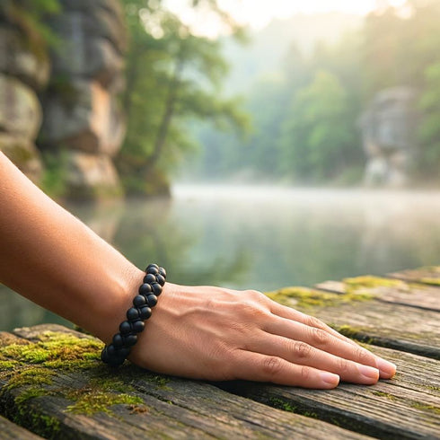 Uniqal zweireihiges Onyx Armband im stillen Moment – 6 mm Naturperlen, ausgewogene Komposition, Makramee verstellbar